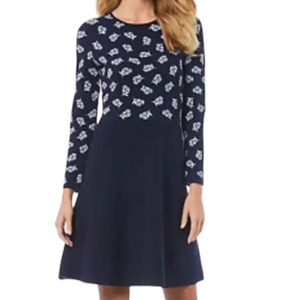 Draper James Navy Blue A-Line Floral 3/4 Sleeve Sweater Dress Sz XXL NWT